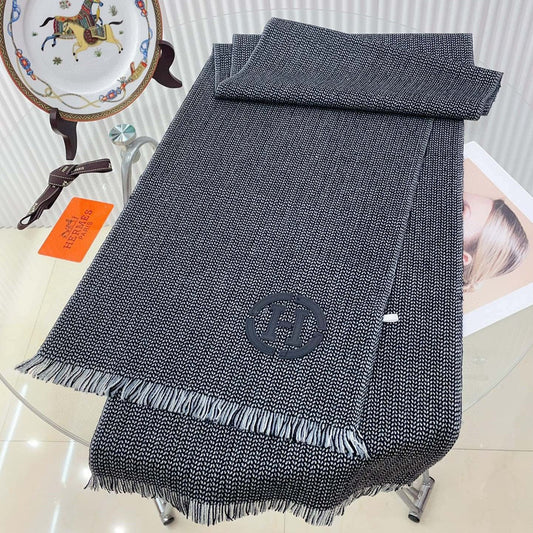 HERMES GRANITE MUFFLER 180 CM SCARF IN MARINE MIX BLEU MOYEN CASERE