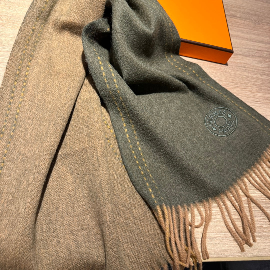 HERMES UNIE BRODEE MUFFLER 200 CM IN SEAWEED GREEN CASERE