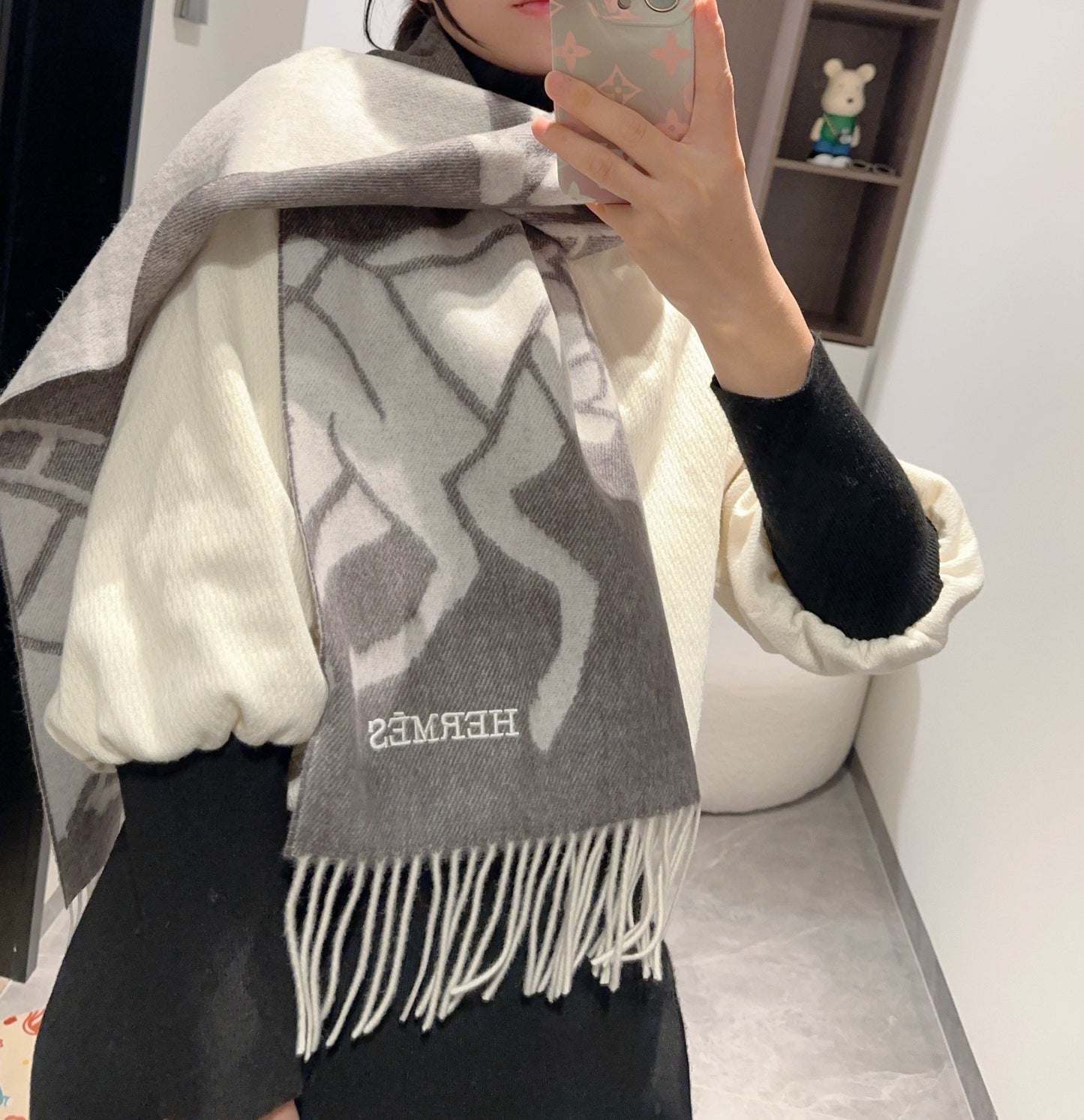 HERMES CASAQUE PORTE-CLEFS MUFFLER 180 CM SPANISH GRAY CASERE