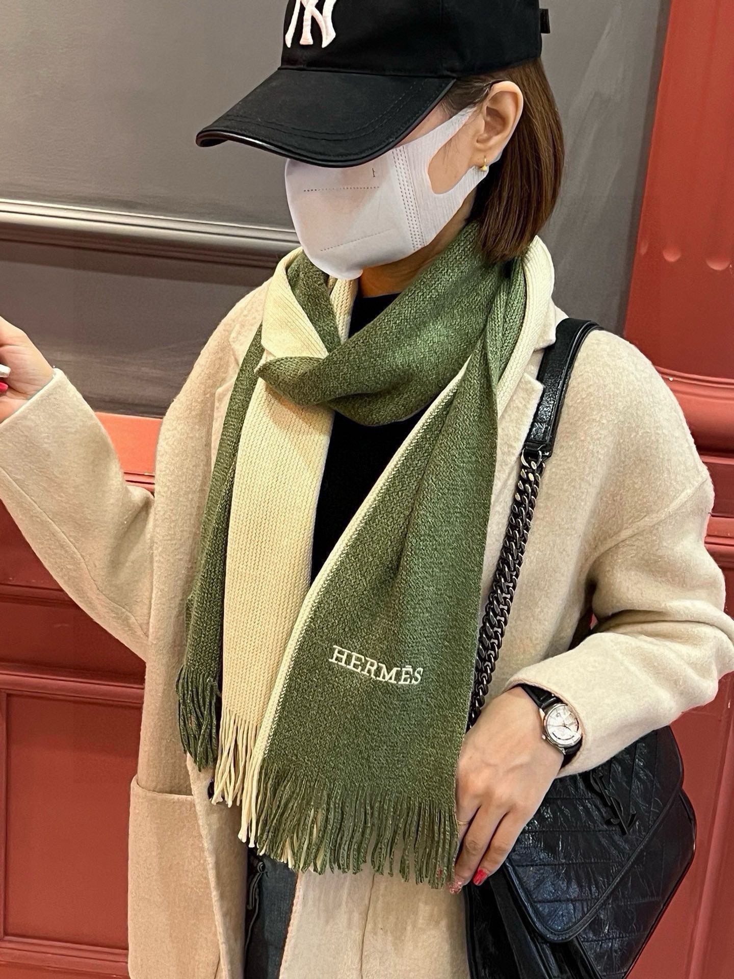HERMES HIGH-END SCARF 180 IN MOSS GREEN MIX BEIGE CASERE