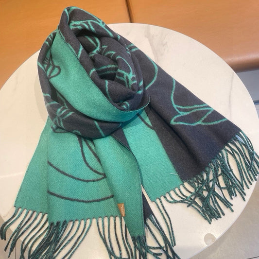 HERMES CASAQUE ENTRELACS EQUESTRES 190 CM SCARF IN PERSLAN GREEN CASERE